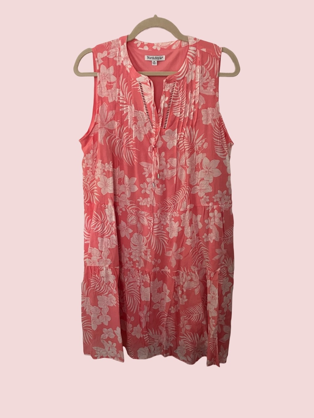 NorthStyle Coral Pink Tropical Print Sleeveless Dress